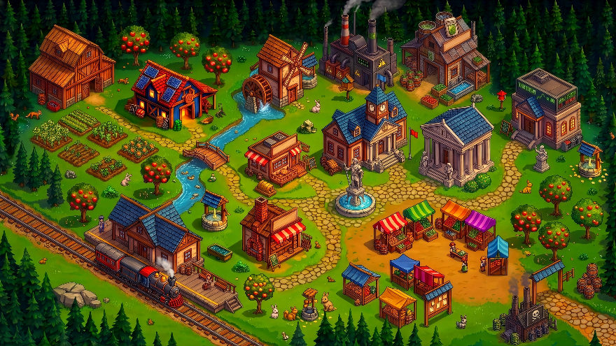 The town: businesses, bazaar, station, town hall, guild and museum.